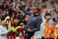 Britain Football Soccer - Liverpool v Middlesbrough - Premier League - Anfield - 21/5/17 Liverpool manager Juergen Klopp celebrates after Liverpool scored a goal Reuters / Phil Noble Livepic