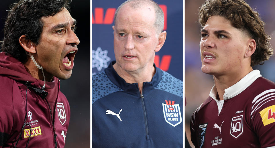 In the centre is NSW State of Origin coach Michael Maguire, with Johnathan Thurston on left and Reece Walsh right.