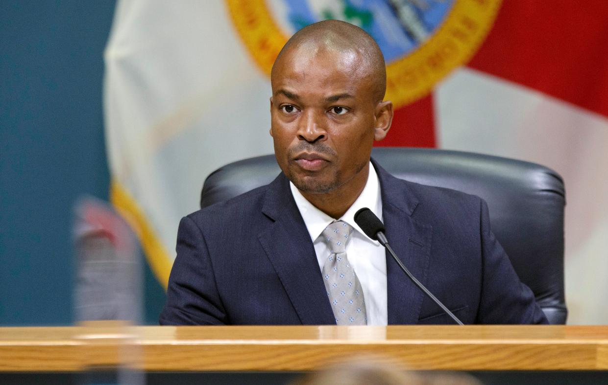 Palm Beach County Commissioner Mack Bernard? speaks about COVID-19 during the County Commission meeting in West Palm Beach Tuesday, Aug. 17, 2021.