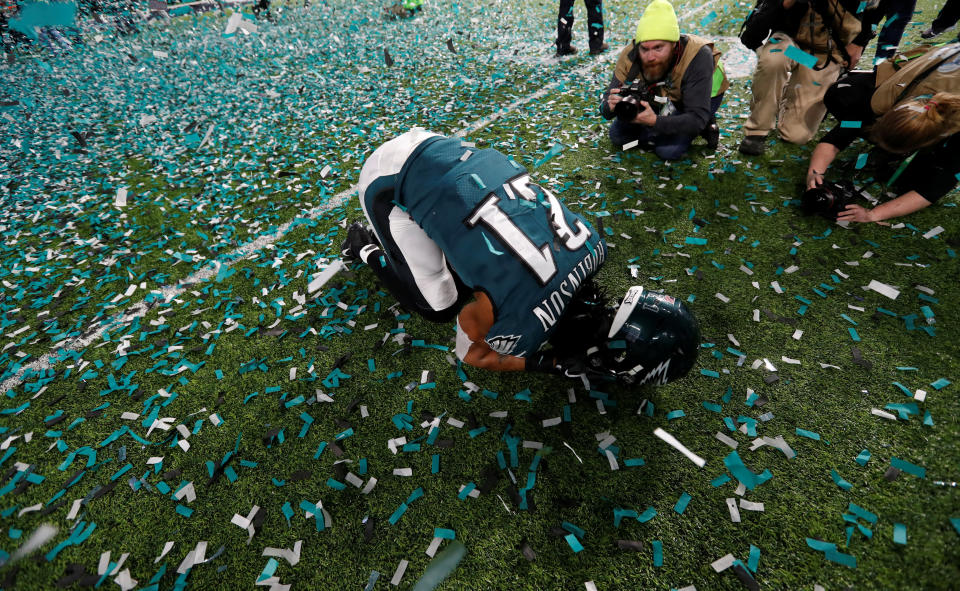 <p>Philadelphia Eagles’ Patrick Robinson celebrates after winning Super Bowl LII REUTERS/Kevin Lamarque </p>