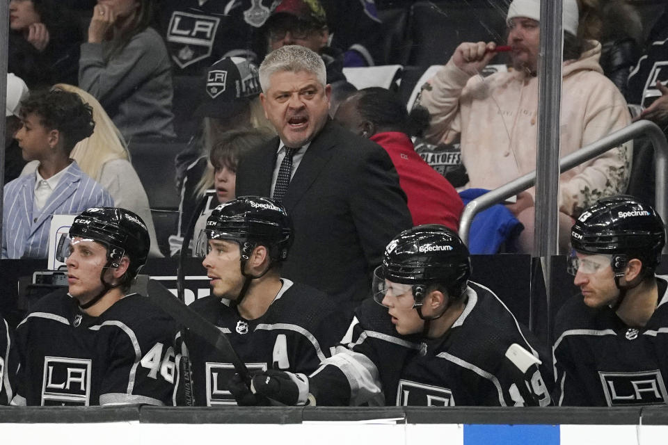 Los Angeles Kings head coach Todd McLellan talks to his team during the second period in Game 4 of an NHL hockey Stanley Cup first-round playoff series against the Edmonton Oilers Sunday, May 8, 2022, in Los Angeles. (AP Photo/Mark J. Terrill)