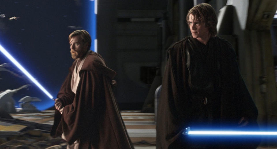 Obi-Wan Kenobi (Ewan McGregor) and Hayden Christensen (Anakin Skywalker) in Revenge of the Sith (20th Century Fox)