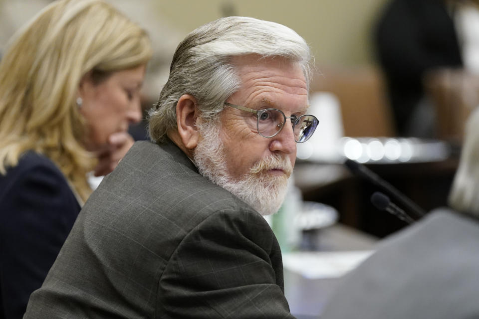 FILE - In this Thursday, Sept. 17, 2020 file photo, Oklahoma state Sen. Roger Thompson, R-Okemah, listens during an Oklahoma Senate Public Safety Committee in Oklahoma City. In 2021, the new state budget is up nearly 18%. “Last year: shaky foundation. This year: solid foundation,” said Republican state Sen. Roger Thompson, chairman of the chamber's budget-writing committee. (AP Photo/Sue Ogrocki, File)