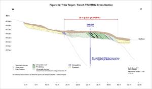 Figure 3a: Trench TR22TR02 cross section, Tróia Target, highlighting geology, assays, and proximal Trado® auger drilling.