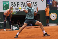Norway's Casper Ruud plays a shot against Spain's Rafael Nadal during the final match at the French Open tennis tournament in Roland Garros stadium in Paris, France, Sunday, June 5, 2022. (AP Photo/Michel Euler)