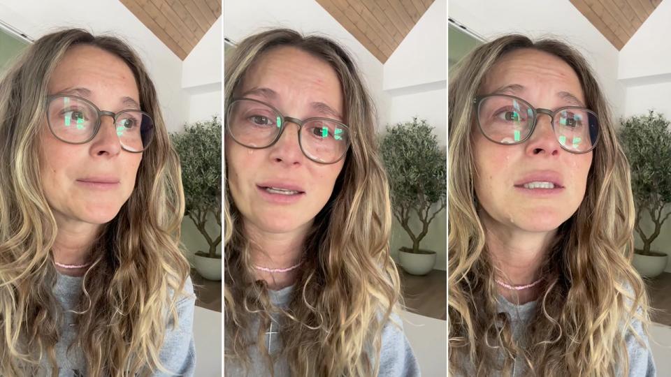 Three side by side photos of Alexa PenaVega talking to the camera, crying as she talks about the loss of her daughter