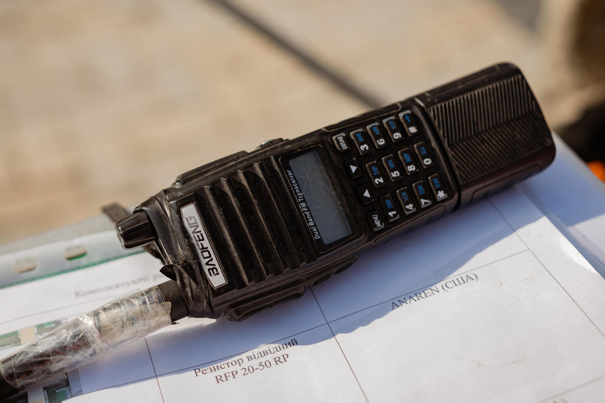 A Russian military radio produced by Chinese manufacturer Baofeng is displayed during an open-air exhibition of destroyed Russian military equipment and tactical gear (Global Images Ukraine via Getty Images file )