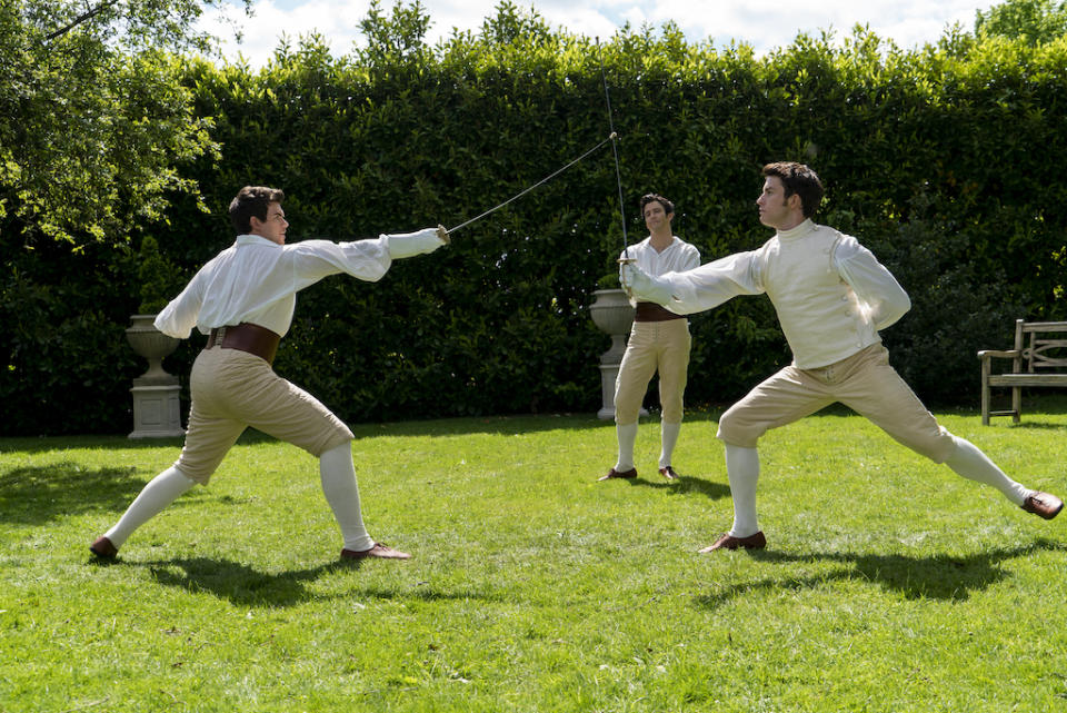 Luke Newton as Colin Bridgerton, Luke Thompson as Benedict Bridgerton, Jonathan Bailey as Anthony Bridgerton in episode 202 of “Bridgerton”. - Credit: LIAM DANIEL/NETFLIX