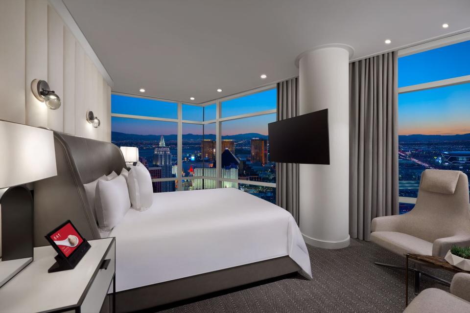 Aria Sky Suite Penthouse bedroom with panoramic view of Las Vegas Strip