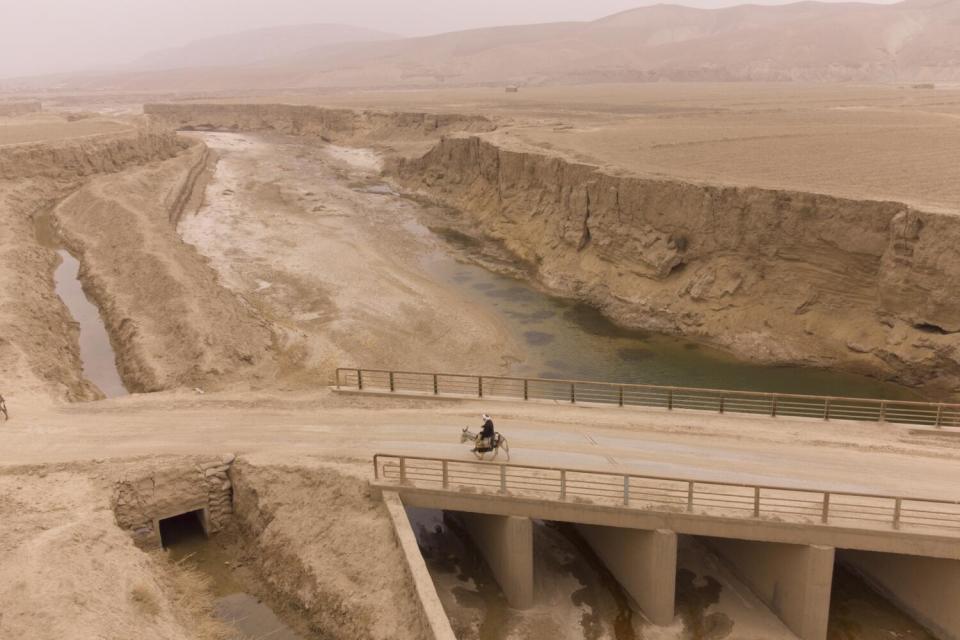 A person rides a donkey over a bridge above a dry riverbed.