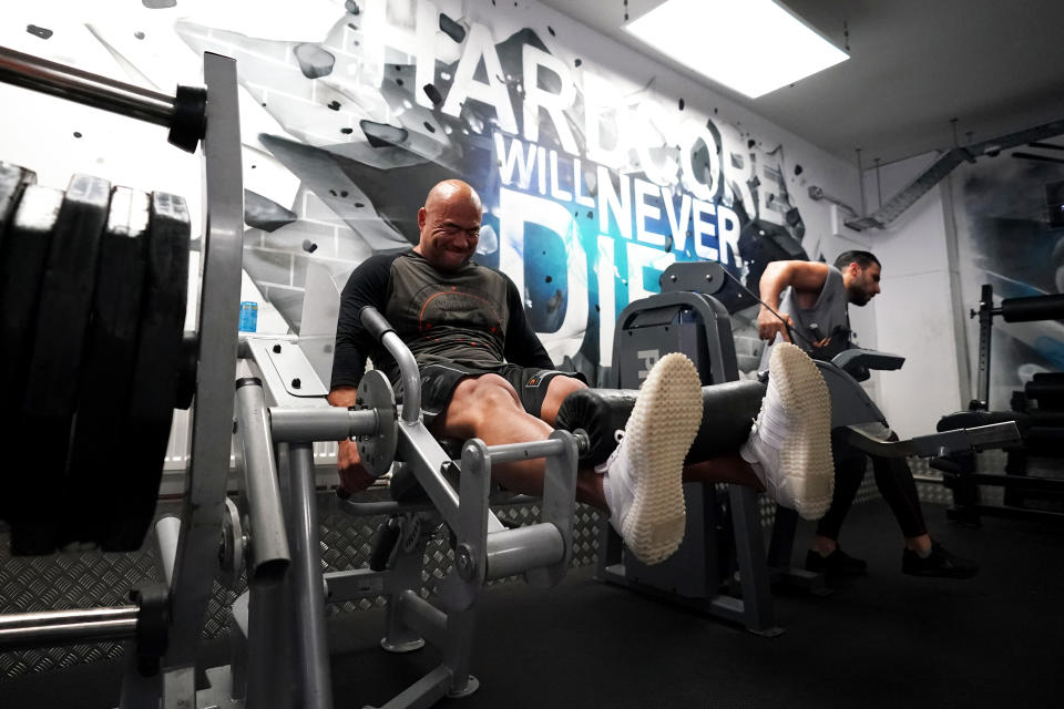 Gym members work out at Ultimate Fitness Gym in Birmingham as indoor gyms, swimming pools and sports facilities can reopen as part of the latest easing of coronavirus lockdown measures in England. (Photo by Morgan Harlow/PA Images via Getty Images)