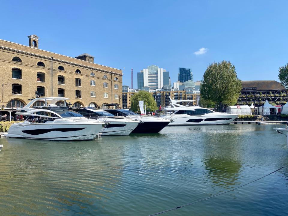 The yachts were lined up at St. Katharine's Dock, London.