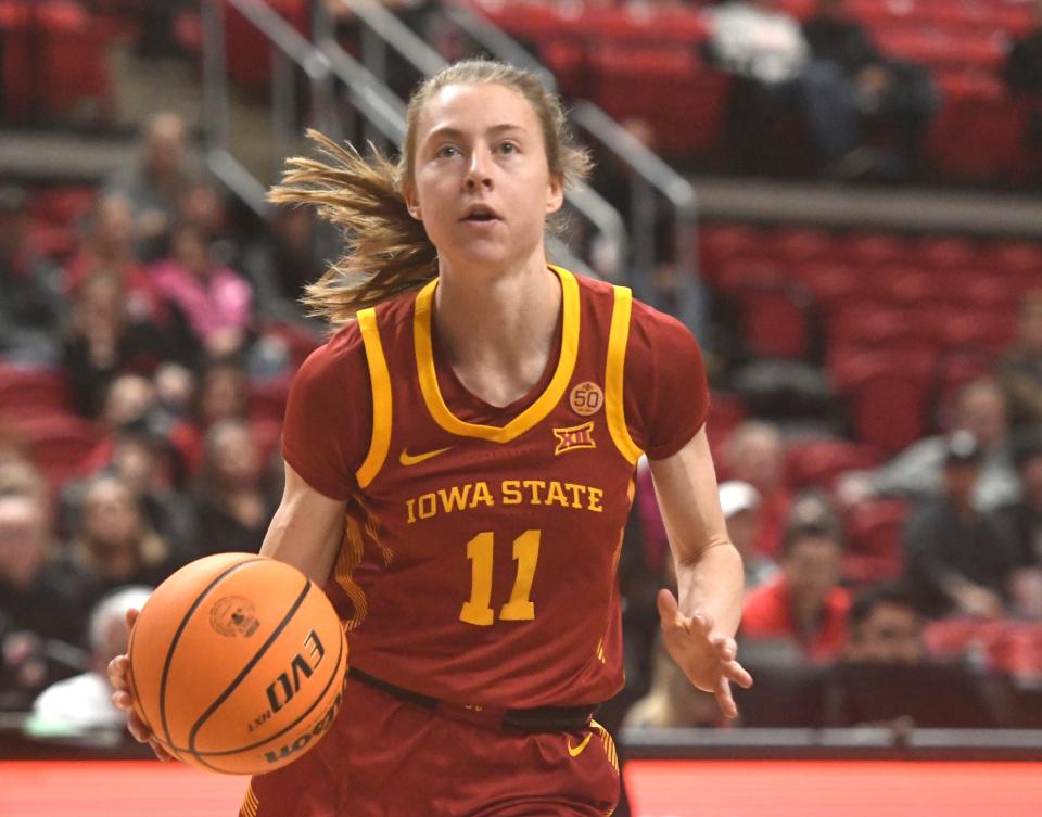 Iowa State guard Emily Ryan (11) looks to shoot against Texas Tech during Wednesday's Big 12 basketball game in Lubbock, Texas. Ryan led the Cyclones with 18 points.