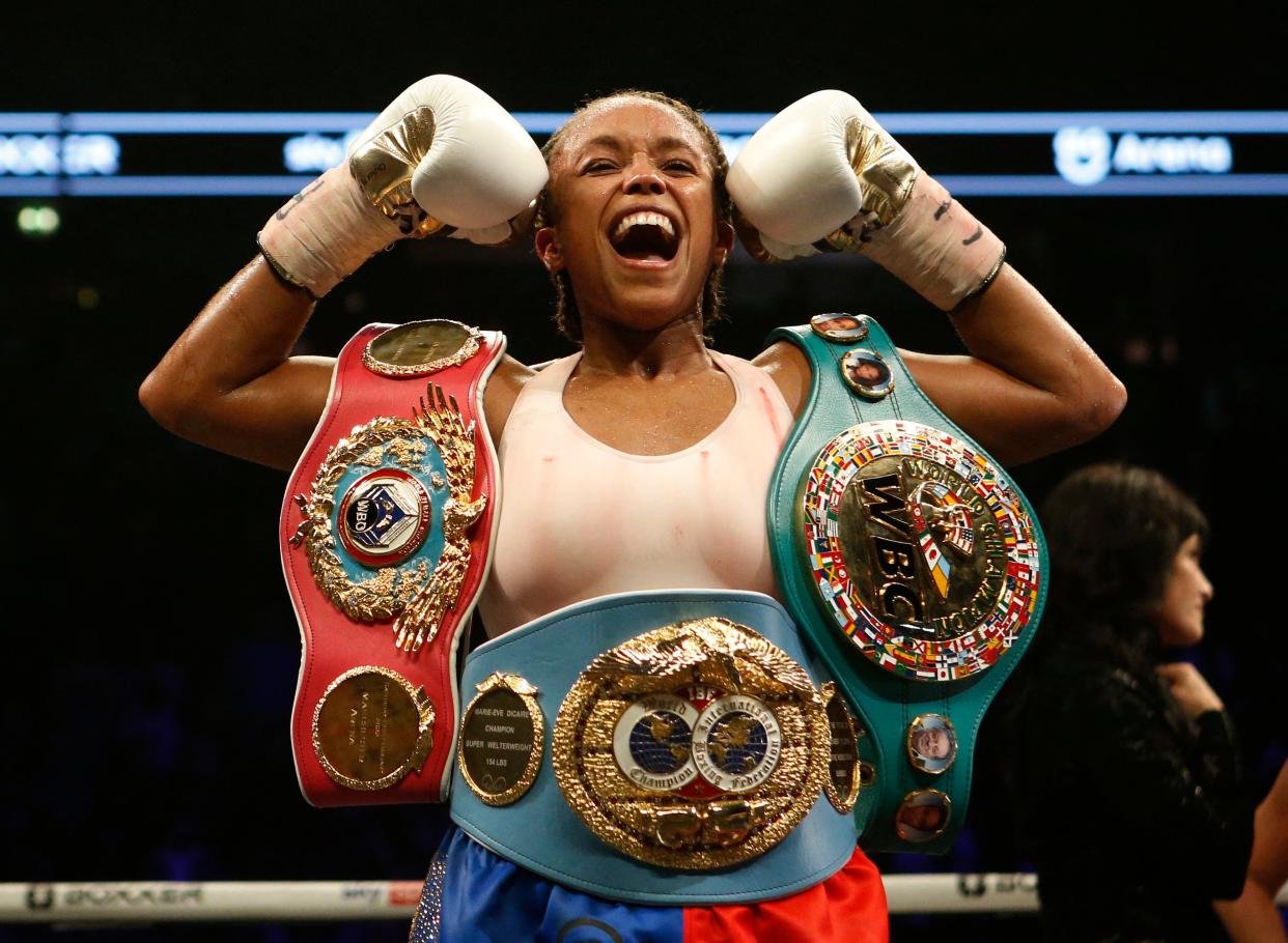 Natasha Jonas celebrating her decision win over Marie Eve Dicaire in November (Action Images via Reuters)