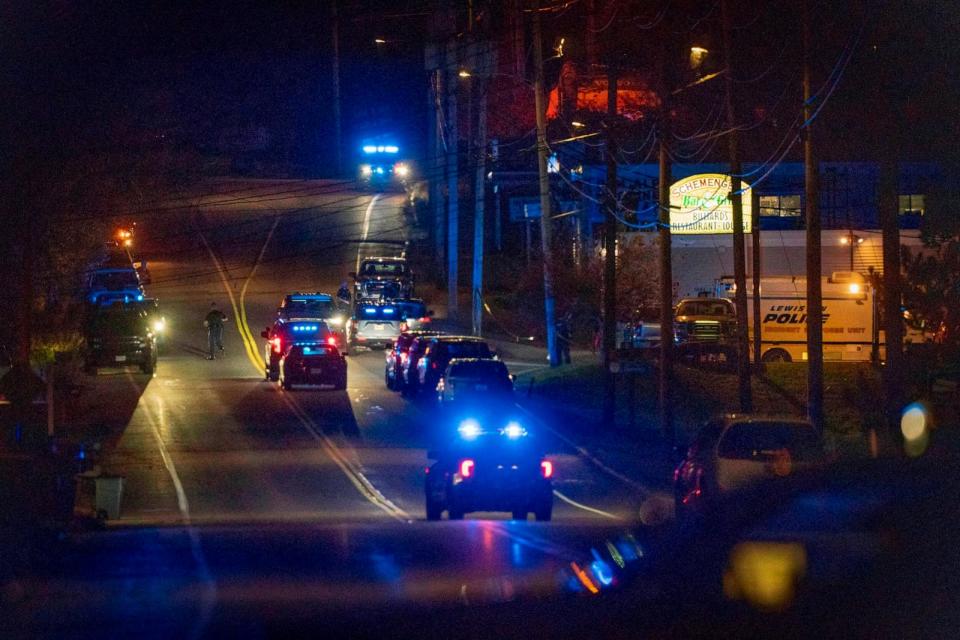 PHOTO: Police respond to an active shooter situation in Lewiston, Maine, on Oct. 25, 2023. (Robert F. Bukaty/AP)