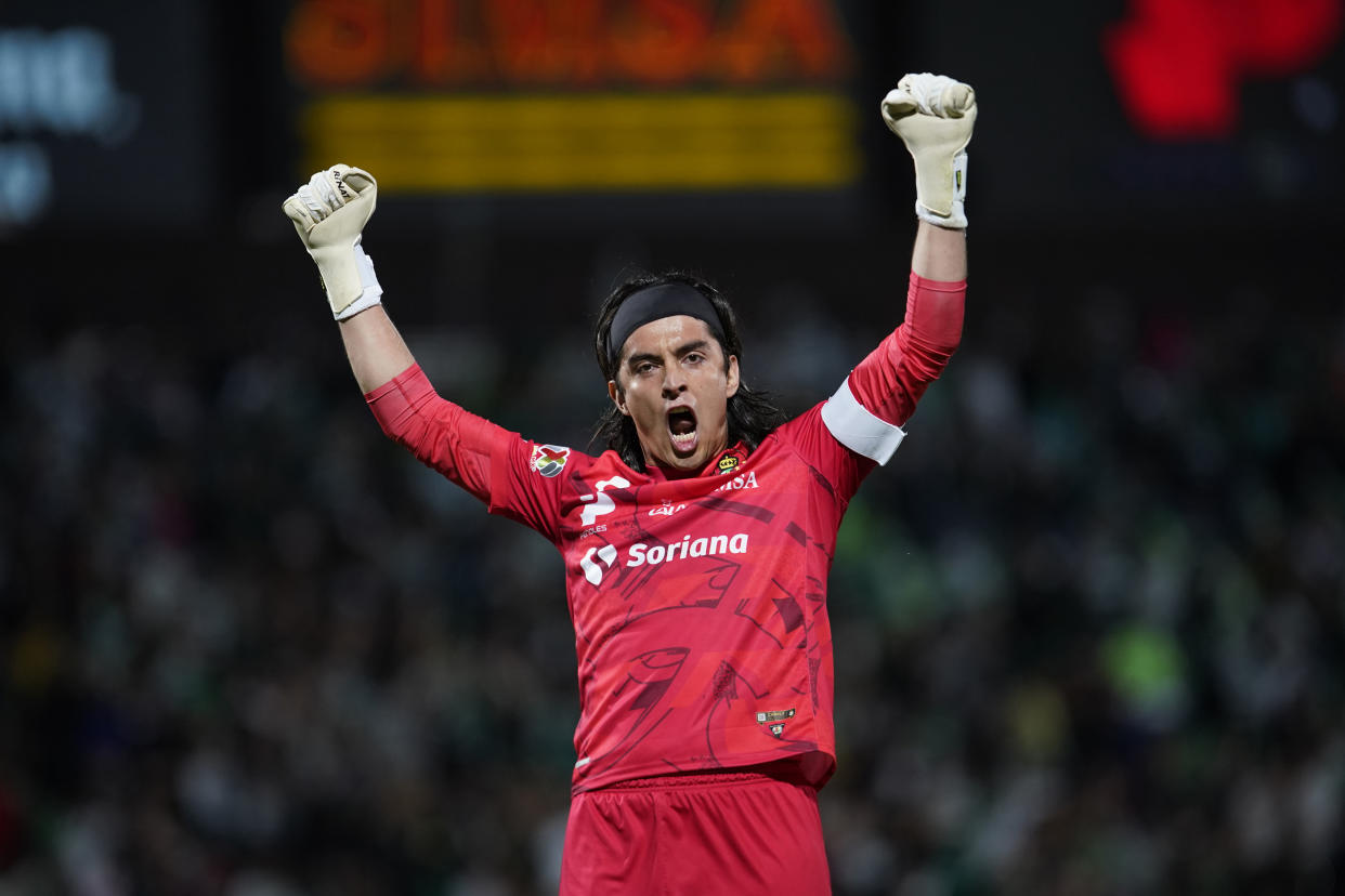 TORREON, MEXICO - NOVEMBER 20: Carlos Acevedo, goalkeeper of Santos celebrates after the first goal of his team during the repechage match between Santos Laguna and Atletico San Luis as part of the Torneo Grita Mexico A21 Liga MX at Corona Stadium on November 20, 2021 in Torreon, Mexico. (Photo by Jos Alvarez/Jam Media/Getty Images)