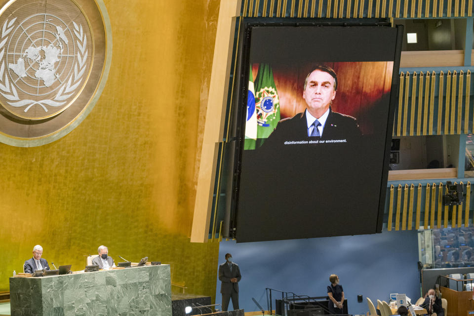 In this photo provided by the United Nations, Jair Bolsonaro, president of Brazil, speaks in a pre-recorded message played during the 75th session of the United Nations General Assembly, Tuesday, Sept. 22, 2020, at U.N. Headquarters in New York. The U.N.'s first virtual meeting of world leaders started Tuesday with pre-recorded speeches from some of the planet's biggest powers, kept at home by the coronavirus pandemic that will likely be a dominant theme at their video gathering this year. (Rick Bajornas/UN via AP)