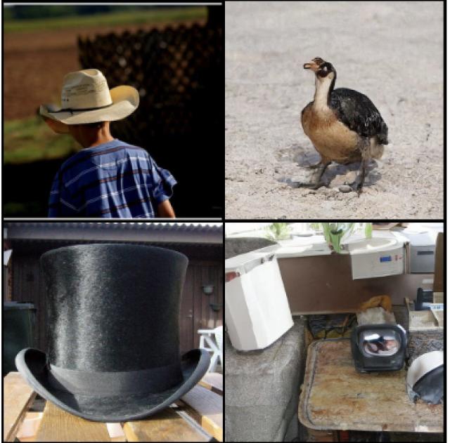 Photo of a boy in cowboy hat (top left), and photo of a black top hat (bottom left), alongside photos generated by AI from human brain waves.