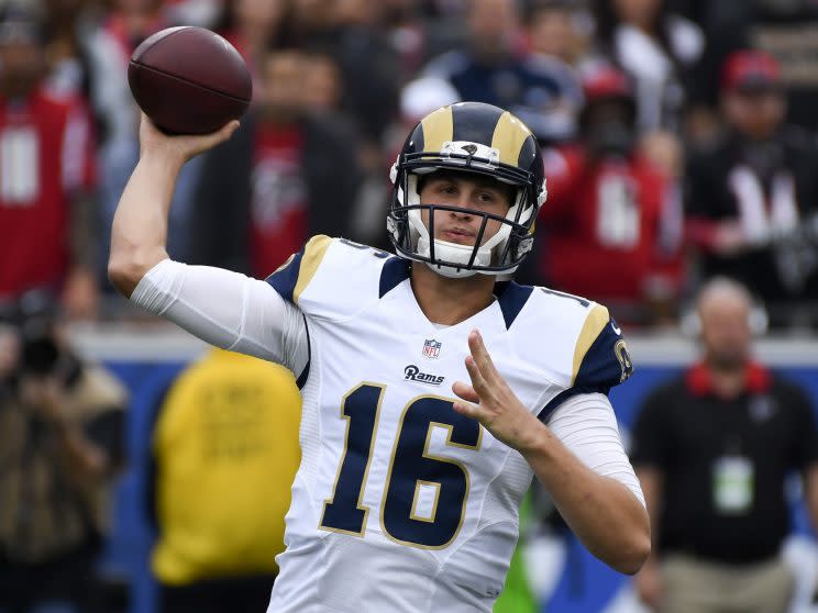 Jared Goff struggled on Sunday against the Falcons. (AP)