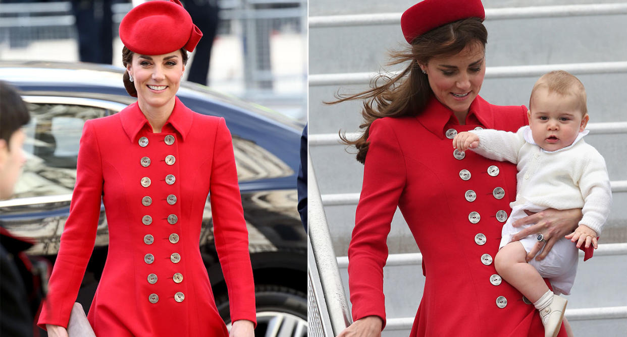Kate first wore the Catherine Walker coat in New Zealand in 2014 (right) [Photos: Getty]