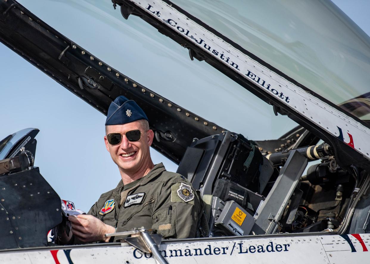 .S. Air Force Lt. Col. Justin "Astro" Elliott, United States Air Force Air Demonstration Squadron "Thunderbirds" commander and leader, prepares to debrief after the team's maiden winter training trip flight Jan. 11, 2022 at Spaceport America, Truth or Consequences, New Mexico. This winter training trip is the first in the team's history and provides an opportunity for the team to practice in different environments.