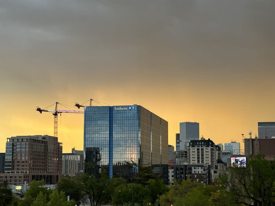 A stormy sunset is seen from the FOX31/Channel 2 weather deck on May 12, 2024. (Brooke Williams)