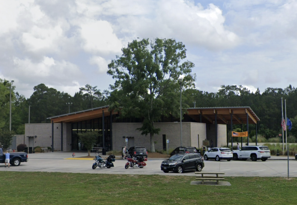 The state-run welcome center is about five miles north of the Savannah River, which marks the border between South Carolina and Georgia. Police in both states are searching for the suspect in a stabbing that occurred at the rest stop early Sunday morning.