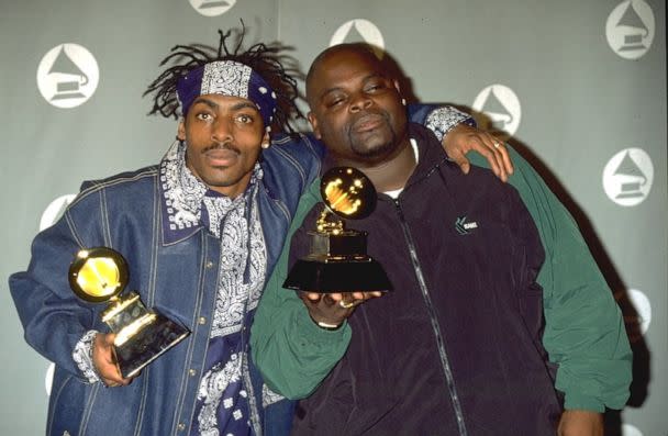 PHOTO: Rapper Coolio and a singer L.V. pose together at the 38th Annual Grammy Awards in Los Angeles, Feb. 28, 1996. Coolio won the Best Rap Solo Performance award for 'Gangsta's Paradise.' (Corbis via Getty Images, FILE)