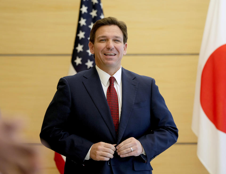 Florida Gov. Ron DeSantis waits for Japanese Prime Minister Fumio Kishida as he pays a courtesy call to Kishida at the prime minister's official residence in Tokyo Monday, April 24, 2023. DeSantis is in Japan for a two-day visit. Japanese Foreign Ministry said that DeSantis's visit to Japan will be an opportunity to further strengthen relationship between Japan and Florida in broad areas including political and economic fields. (Kimimasa Mayama/Pool Photo via AP)