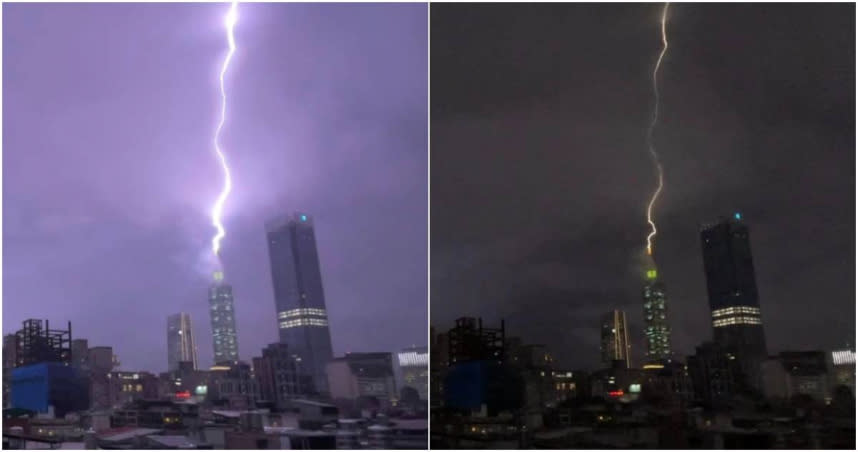 有網友捕捉到台北101被雷擊中的瞬間。（圖／擷取自Facebook／信義區三兩事）