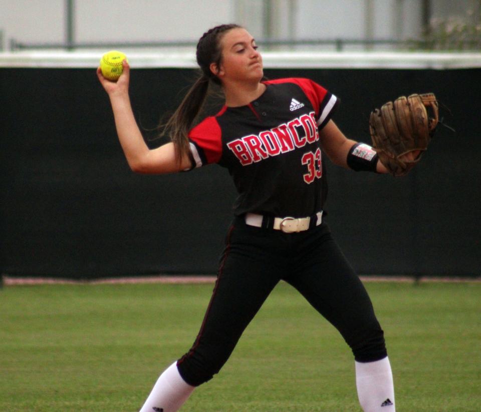 Middleburg's Kaelyn Hagan (33) throws to first during pregame infield drills before a high school softball game against Providence on April 14, 2022. [Clayton Freeman/Florida Times-Union]