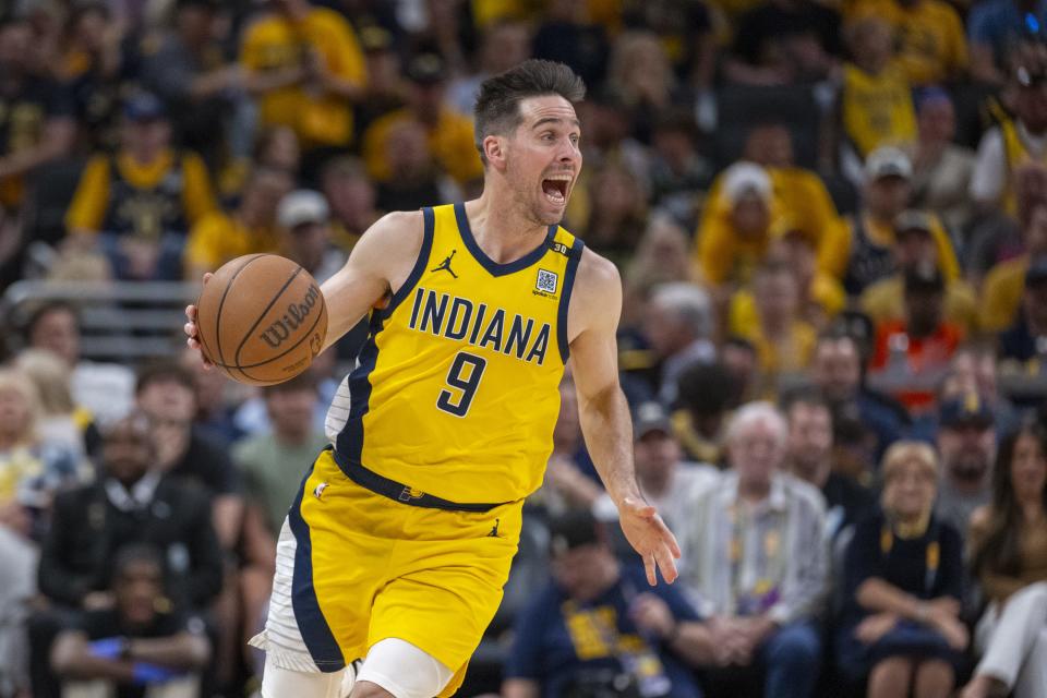 Indiana Pacers guard T.J. McConnell (9) brings the ball up court during the second half of an NBA basketball second round playoff game against the New York Knicks, Sunday, May 12, 2024, at Gainbridge Fieldhouse in Indianapolis. Indiana Pacers won, 121-89.