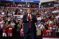 President Donald Trump arrives to speak at a campaign rally at the Santa Ana Star Center, Monday, Sept. 16, 2019, in Rio Rancho, N.M. (AP Photo/Evan Vucci)