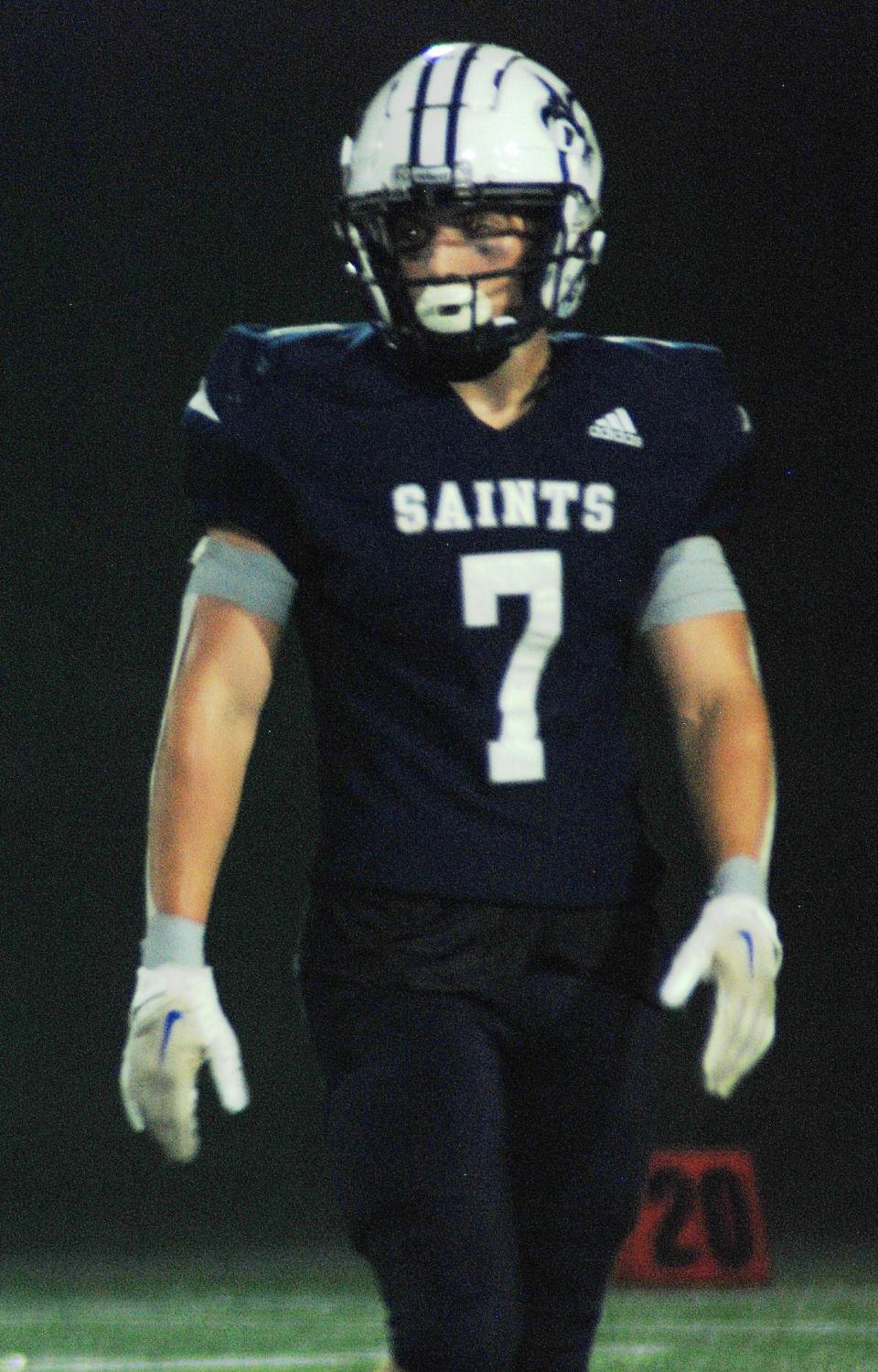 Trent Salyards had a strong game on both sides of the field for St. Thomas in Friday's 14-0 loss to Pelham. The game was called late in the second quarter, and both coaches agreed to end the game.