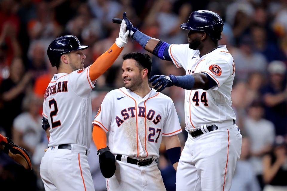 The Astros have plenty of playoff experience with (L-R) 3B Alex Bregman, 2B Jose Altuve and DH Yordan Alvarez leading the way.