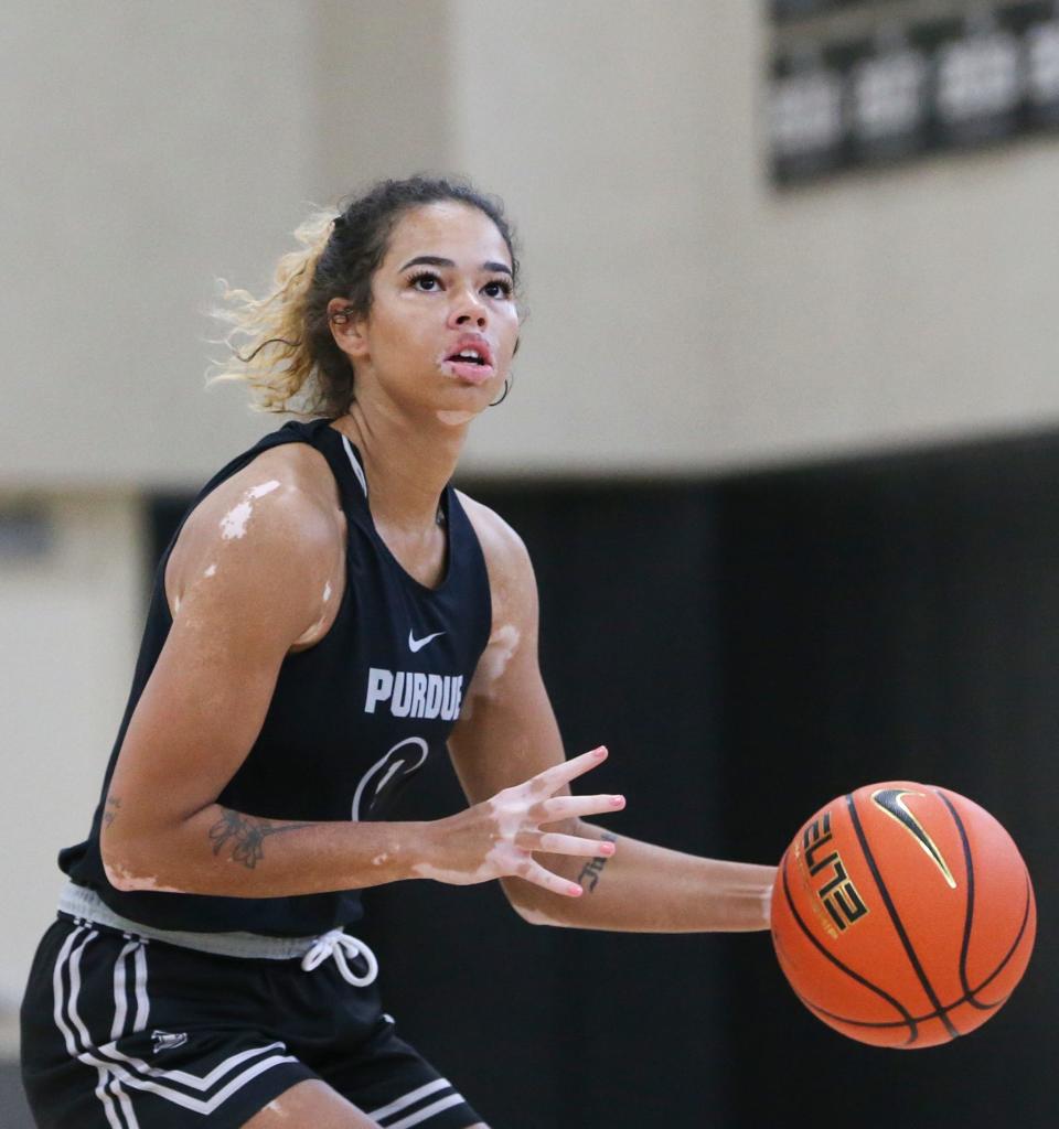 Purdue Boilermakers guard Amiyah Reynolds (1) drives to the basket Wednesday, Sept. 25, 2024, during practice at Cardinal Court in West Lafayette, Ind.