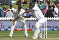 India's Mayank Agarwal bats against New Zealand during the first cricket test between India and New Zealand at the Basin Reserve in Wellington, New Zealand, Sunday, Feb. 23, 2020. (AP Photo/Ross Setford)