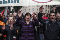 <p>Protesters chant slogans as they take part in an anti-government rally during a 24-hour labour strike in Athens, Greece, on Wednesday, May 17, 2017. Greeces economy returned to recession in the first quarter as delays in concluding talks between the government and its creditors raised the specter of another debt drama. (Yorgos Karahalis/Bloomberg via Getty Images) </p>