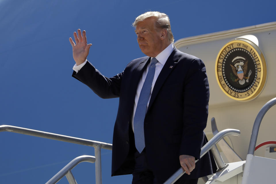 President Donald Trump arrives at Marine Corps Air Station Miramar to attend a fundraiser and visit a section of the border wall, Wednesday, Sept. 18, 2019, in San Diego. (AP Photo/Evan Vucci)