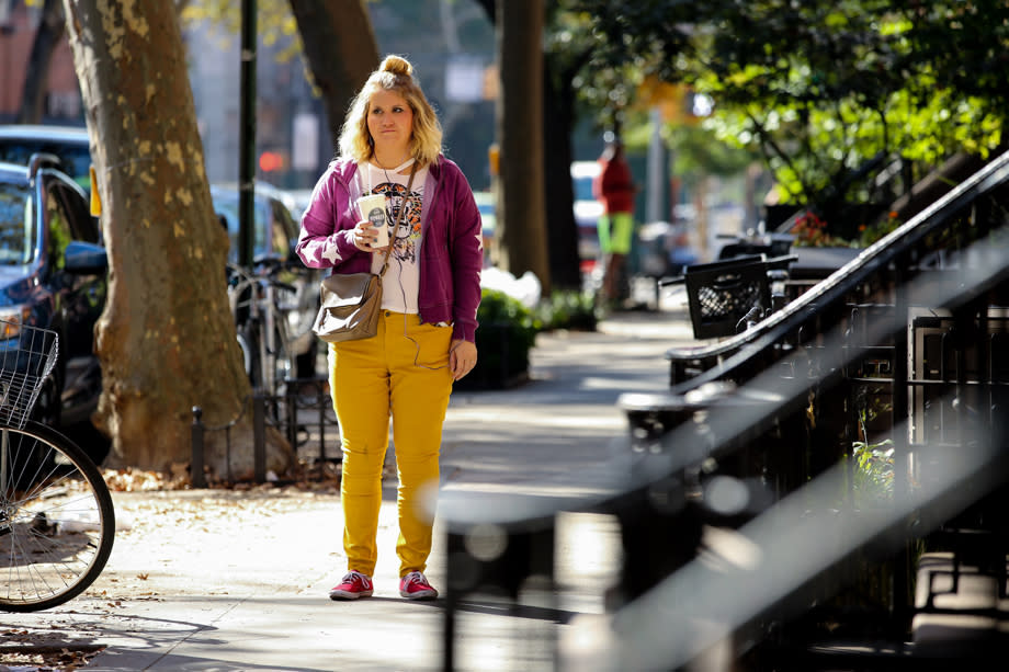 Jillian Bell in character as Brittany on the set of Brittany Runs a Marathon.