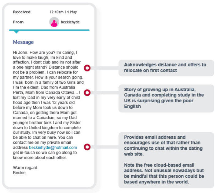 Pictured: Infographic explaining lies in 'Beckie's' fake message. Image: ACCC