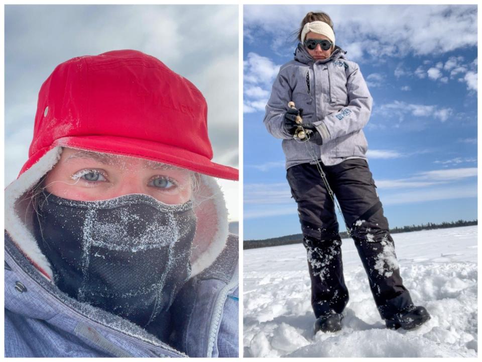 On the left, Dominique wearing a frozen face covering. On the right, Dominique fishing