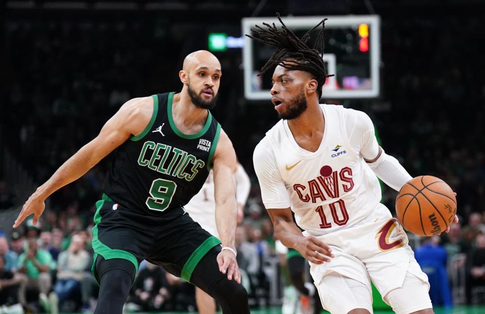 Cavaliers guard Darius Garland drives the ball against Celtics guard Derrick White in the first quarter during Game 5 of the Eastern Conference semifinals, May 15, 2024, in Boston.