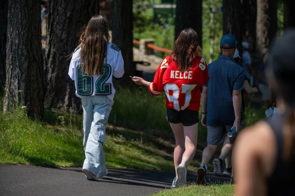 Fans of Jason ad Travis Kelce walk the golf course during the first round of the American Century celebrity golf championship on Friday, July 12, 2024, in Stateline, Nev.