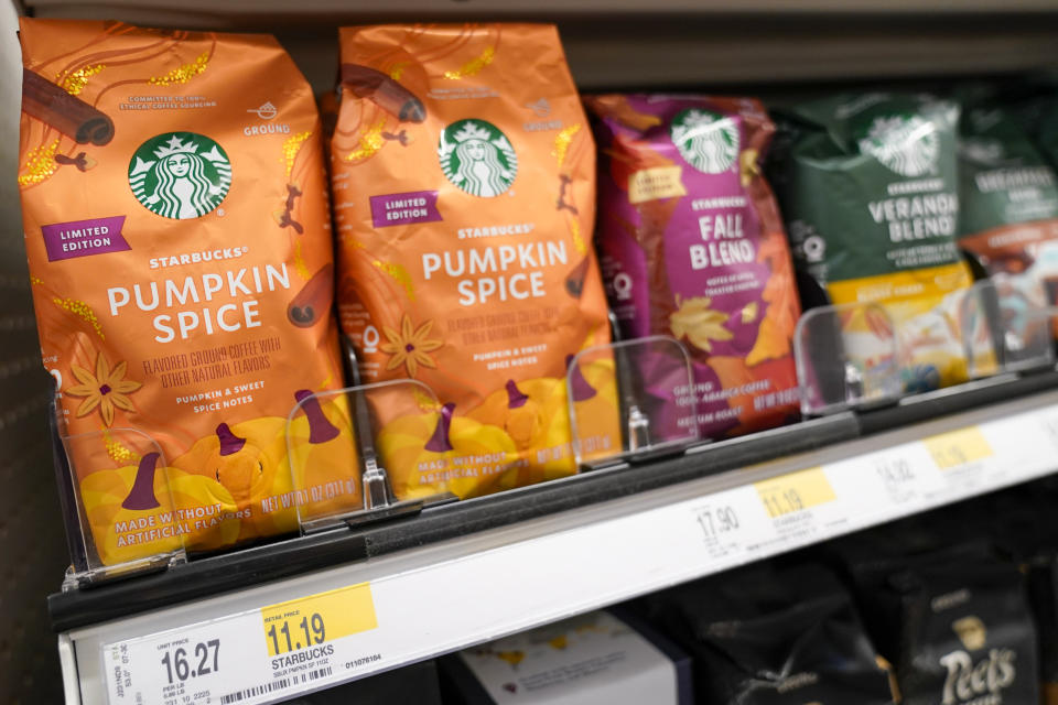 Starbucks' Pumpkin Spice coffee is displayed at a Target store, Wednesday, Aug. 23, 2023, in New York. The latte that made pumpkin spice a star is turning 20. And unlike the autumn days it celebrates, there seems to be no chill in customer demand. Starbucks' Pumpkin Spice Latte goes on sale Thursday in the U.S. and Canada. It's the coffee giant's most popular seasonal beverage, with hundreds of millions sold since its launch in 2003. (AP Photo/Mary Altaffer)