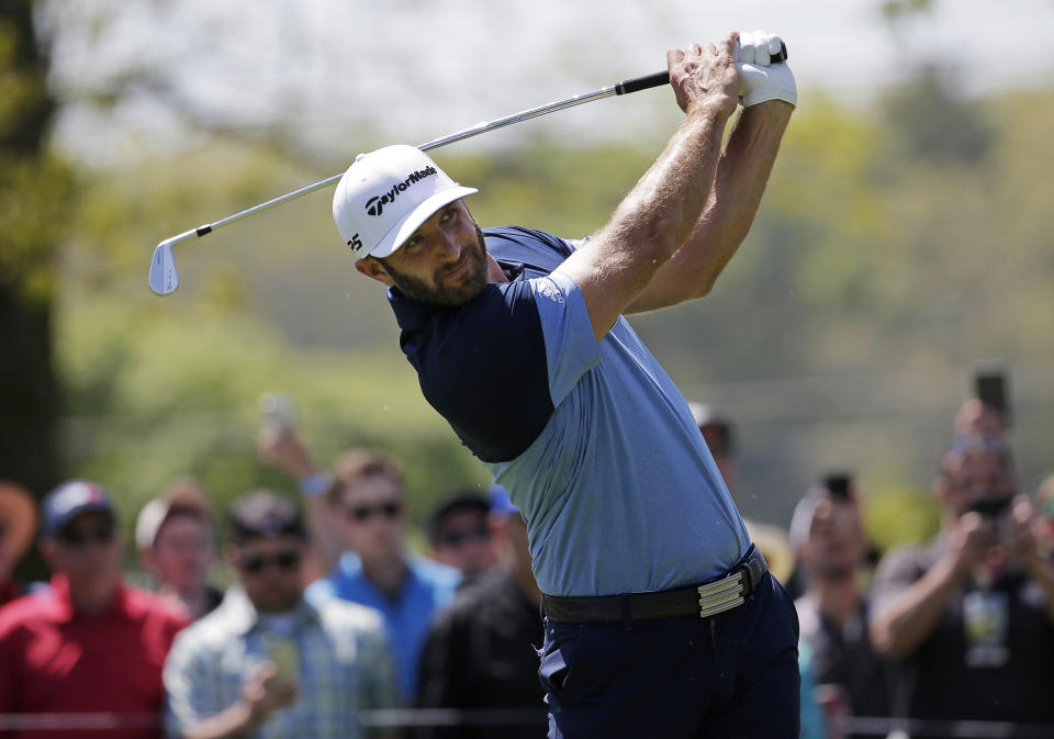 Dustin Johnson, drives off the sixth tee, during the third round of the PGA Championship golf tournament, Saturday, May 18, 2019, at Bethpage Black in Farmingdale, N.Y. (AP Photo/Seth Wenig)