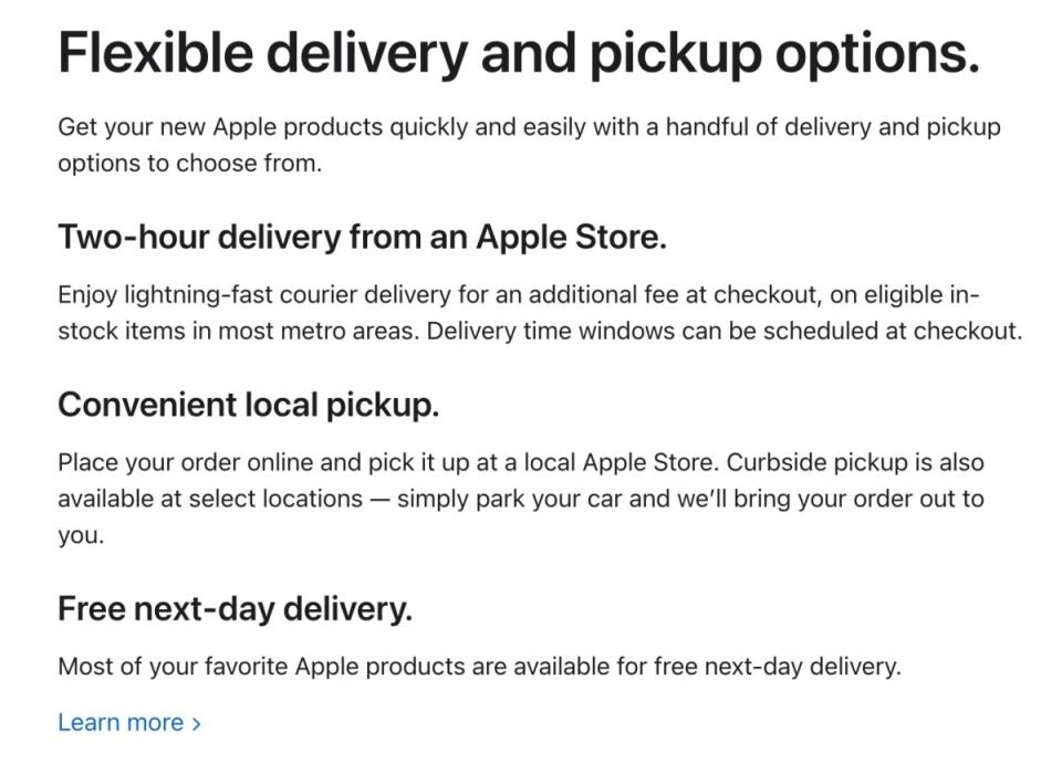 ▲美國官網標示2小時送達服務，是直接從鄰近消費者指定寄送地點的Apple Store直接出貨