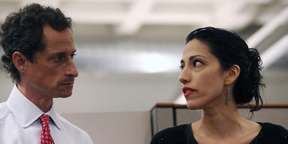 Huma Abedin, wife of Anthony Weiner, a leading candidate for New York City mayor, speaks during a press conference on July 23, 2013 in New York City. Weiner addressed news of new allegations that he engaged in lewd online conversations with a woman after he resigned from Congress for similar previous incidents.