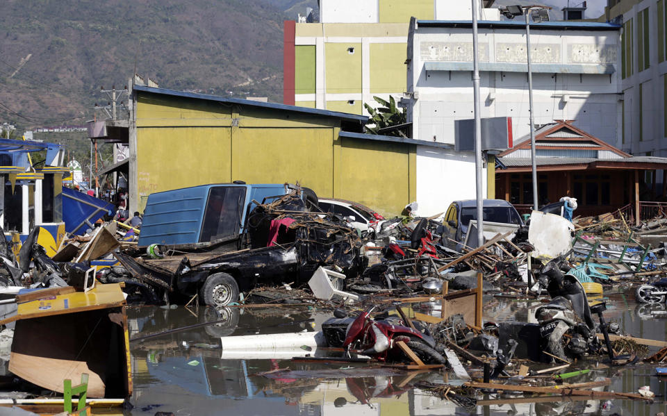 A general view of a tsunami devastated area in Palu’s Talise Beach on Sunday. Source: EPA via AAP