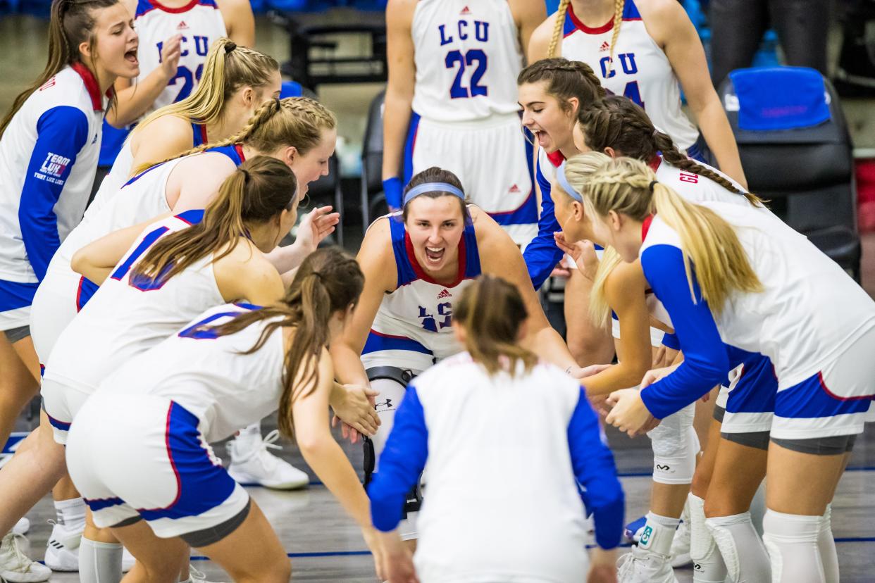 LCU guard Channing Cunyus (14) is introduced before the game against Arkansas Fort Smith on Thursday, Jan. 6, 2022, at the Rip Griffin Center in Lubbock, Texas.